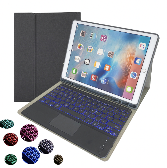 iPad Pro 12.9'' Case (2015/2017) | HK129T TPU Tablet Cover with Pen Holder & Detachable Bluetooth Keyboard with Touchpad Backlight – Black