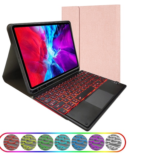 [T0840090002] iPad 9.7'' (5th/6th, 2017/2018) / iPad Pro 9.7'' / iPad Air 1/2 Case | RK508T TPU Tablet Cover with Pen Holder & Detachable Bluetooth Keyboard with Touchpad Backlight – Rose Gold